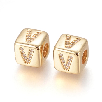 Brass Micro Pave Cubic Zirconia European Beads, Horizontal Hole, Large Hole Beads, Long-Lasting Plated, Cube with Letter, Golden, Clear, Letter.V, 9x9x9.5mm, Hole: 4.5mm