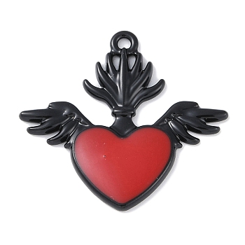 Rack Plating Alloy Enamel Pendants, Cadmium Free & Nickel Free & Lead Free, Sacred Heart with Wing Charm, Black, 27.5x30x2mm, Hole: 1.5mm