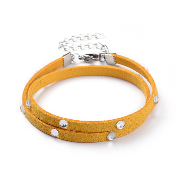 Faux Suede Cord Wrap Bracelets, Double Loops, with Acrylic Rhinestone, 304 Stainless Steel Lobster Claw Clasps and Iron Findings, Yellow, 14-5/8 inch(37cm)