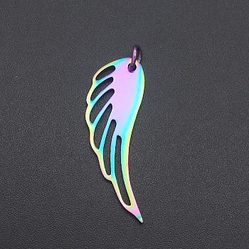 Ion Plating(IP) 201 Stainless Steel Pendants, with Jump Ring, Wing, Laser Cut, Rainbow Color, 31x11x1mm, Hole: 3mm