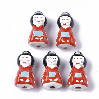 Handmade Porcelain Beads, Famille Rose Style, Japanese Kokeshi Doll Shape, Red, 27~28x14.5x11~12mm, Hole: 1.5~2mm