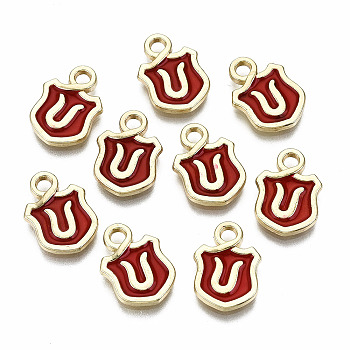 Alloy Enamel Charms, Cadmium Free & Lead Free, Shield with Initial Letters, Light Gold, Letter.U, 14x10x2mm, Hole: 2mm