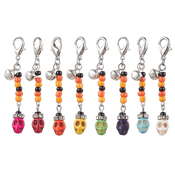Halloween Skull Dyed Synthetic Turquoise Pendant Decorations, Glass Seed Beaded and Zinc Alloy Lobster Claw Clasps Charms, 66mm