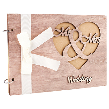 Gorgecraft Wooden Wedding Guestbooks Notepad, with Bowknot Ribbon, for Wedding Decoration, Rectangle with Hollow Heart and Word Mr & Mrs, Wedding, BurlyWood, 20x28x1.05cm, about 20sheet/pc