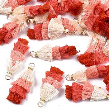 Polycotton(Polyester Cotton) Layered Tassel Big Pendant Decorations, with Iron Findings, Golden, Red, 48~55x12~15mm, Hole: 2.5x4.5mm