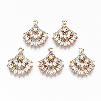 Brass Micro Pave Cubic Zirconia Pendants, Light Gold, Long-Lasting Plated, Cadmium Free & Lead Free, Fan, Clear, 21x18x3mm, Hole: 1.6mm