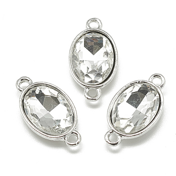 Alloy Glass Links connectors, Faceted, Oval, Platinum, Clear, 22x12x6mm, Hole: 1.5mm