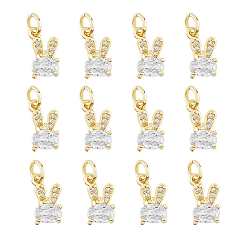 Brass Micro Pave Cubic Zirconia Bunny Charms, Cadmium Free & Lead Free, Rabbit, Real 18K Gold Plated, 12x6x2.5mm, Hole: 3mm, 12pcs/box