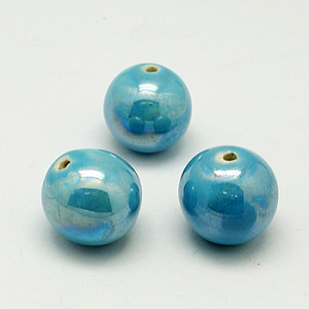 Handmade Porcelain Beads, Pearlized, Round, Sky Blue, 18mm, Hole: 2~3.5mm