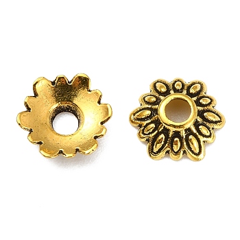Tibetan Style Bead Caps, Lead Free & Cadmium Free, Antique Golden Color, Flower, 8mm long, 2.5mm thick, hole: 2mm