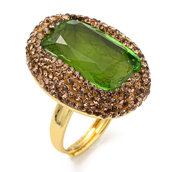 Olive Glass Rectangle Adjustable Ring with Rhinestone, Brass Ring for Women, Golden, Inner Diameter: 18.2mm