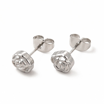 304 Stainless Steel Flower Stud Earrings for Women, Stainless Steel Color, 6.5x7mm, Pin: 0.7mm