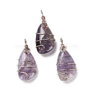 Natural Amethyst Pendants, Rack Plating Brass Wire Wrapped Gems Teardrop Charms, Cadmium Free & Lead Free, Rose Gold, 37~40x19~19.5x9.5~10mm, Hole: 4.5~5mm(G-F763-03RG-06)