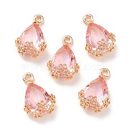 Rhinestone Pendants, with Light Gold Alloy Settings, Teardrop with Flower, Light Rose, 20x12.5x6mm, Hole: 1.8mm(FIND-A006-01D)