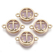 Glass Links connectors, with Light Gold Plated Alloy Findings, Flat Round with Anchor, Pearl Pink, 13.5x19.5x5.5mm, Hole: 1.6mm(GLAA-T015-16G)