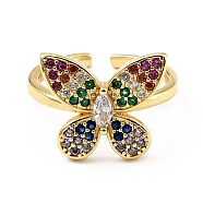 Cubic Zirconia Butterfly Open Cuff Ring, Real 18K Gold Plated Brass Jewelry for Women, Cadmium Free & Lead Free, Colorful, US Size 6 1/4(16.7mm)(RJEW-E046-24G)