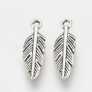Tibetan Style Alloy Pendants, Feather, Cadmium Free & Lead Free, Antique Silver, 15x5x1.5mm, Hole: 1mm(X-TIBEP-S317-10AS-RS)