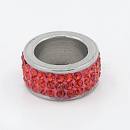304 Stainless Steel Column Beads, with Polymer Clay Rhinestone, Stainless Steel Metal Color, Hyacinth, 13x6mm, Hole: 8mm(RB-I065-06)