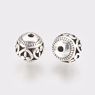 Tibetan Style Alloy Beads, Hollow Round with Heart, Antique Silver, 11x10mm, Hole: 1.5mm(TIBEB-L002-08AS)