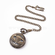 Alloy Pendant Necklace Quartz Pocket Watches, with Iron Chains and Lobster Claw Clasps, Flat Round with Word, Antique Bronze, 16.85 inch(42.8cm), Watch Head: 68x46x14.5mm, Watch Face: 35mm(X-WACH-L044-12AB)