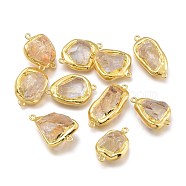 Natural Citrine Links Connectors, with Edge Golden Plated Brass Loop, Nuggets, 28.5~36.5x16.5~23.5x7~19.5mm, Hole: 1.8mm(G-L543-035G)