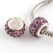 Polymer Clay Rhinestone European Large Hole Beads with Silver Color Plated Brass Cores, Rondelle, Light Amethyst, 11~12x7~7.5mm, Hole: 5mm(FPDL-R002-09)