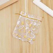 Rectangle Organza Drawstring Gift Bags, Gold Stamping Heart Pouches for Wedding Party Gift Storage, Clear, 9x7cm(PAAG-PW0012-15A-01A)