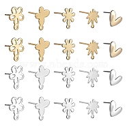 40Pcs 10 Style 201 Stainless Steel & Iron Stud Earrings Findings, with Horizontal Loops & 304 Stainless Steel Pins & 50Pcs Plastic Ear Nuts, Flower & Butterfly & Leaf & Heart, Golden & Stainless Steel Color, 9.5~14x9~12mm, Hole: 1~2mm, Pin: 0.7~0.8mm, 4Pcs/style(DIY-SZ0009-26)