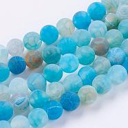 Natural Weathered Agate Beads Strands, Dyed, Frosted, Round, Deep Sky Blue, 8mm, Hole: 1mm, about 46pcs/strand, 14~15 inch(G-G589-8mm-14)