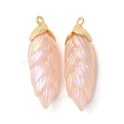 Rainbow Iridescent Plating Resin Pendants, Glitter Leaf Charms with Golden Plated Alloy Findings, Light Salmon, 35x11x8mm, Hole: 1.6mm(RESI-C047-03A-G)