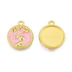 Alloy Enamel Pendants, Matte Style, Flat Round with Rabbit, Matte Gold Color, 17x14.5x2.5mm, Hole: 1.6mm(FIND-G035-25MG)