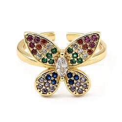 Cubic Zirconia Butterfly Open Cuff Ring, Real 18K Gold Plated Brass Jewelry for Women, Cadmium Free & Lead Free, Colorful, US Size 6 1/4(16.7mm)(RJEW-E046-24G)