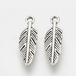 Tibetan Style Alloy Pendants, Feather, Cadmium Free & Lead Free, Antique Silver, 15x5x1.5mm, Hole: 1mm(X-TIBEP-S317-10AS-RS)