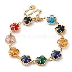 Colorful Glass Link Chain Bracelets, with Golden Brass Chains, Flower, 9-3/4 inch(24.7cm), 61mm extender(BJEW-B075-05)
