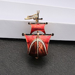 Sailing Boat Enamel Pins, Alloy Rhinestone Brooches for Backpack Clothes, Dark Red, 43x29.5mm(JEWB-D303-03G)