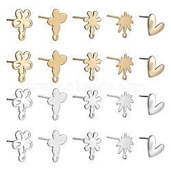 40Pcs 10 Style 201 Stainless Steel & Iron Stud Earrings Findings, with Horizontal Loops & 304 Stainless Steel Pins & 50Pcs Plastic Ear Nuts, Flower & Butterfly & Leaf & Heart, Golden & Stainless Steel Color, 9.5~14x9~12mm, Hole: 1~2mm, Pin: 0.7~0.8mm, 4Pcs/style(DIY-SZ0009-26)