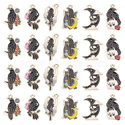 24Pcs 6 Style Gothic Theme Alloy Enamel Pendants, Crow with Moon & Moon with Skull, Mixed Color, 26~28x15~20x1~1.5mm, Hole: 1.8~2mm, 4pcs/style(FIND-SC0003-78)