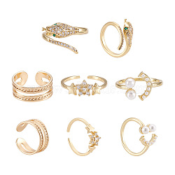 4Pcs 4 Style Snake & Smiling Face & Star Brass Cuff Rings for Her, Wide Band Open Rings, Golden, US Size 6~7 1/4(16.5~17.5mm), 1pc/style(RJEW-CW0001-01)