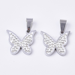 201 Stainless Steel Pendants, with Random Size Snap On Bails and Polymer Clay Crystal Rhinestones, Butterfly, Stainless Steel Color, 28x20x3mm, Hole: 8~10x3~5mm(STAS-N089-17P)
