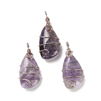 Natural Amethyst Pendants, Rack Plating Brass Wire Wrapped Gems Teardrop Charms, Cadmium Free & Lead Free, Rose Gold, 37~40x19~19.5x9.5~10mm, Hole: 4.5~5mm
