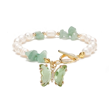 Glass Butterfly Charm Bracelet with Clear Cubic Zirconia, Natural Green Aventurine Chips & Pearl Beaded Bracelet for Women, 7-5/8 inch(19.5cm)