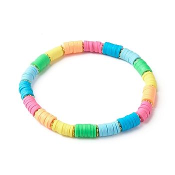 Polymer Clay Beads Stretch Bracelets, with Brass Beads, Colorful, Inner Diameter: 2-1/4 inch(5.7cm)