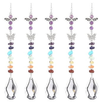 Glass Teardrop Chandelier Pendant Decorations, Hanging Suncatchers, Chakra Gemstone Chips and Butterfly Link for Home Office Garden Decoration, Antique Silver & Platinum, 312mm