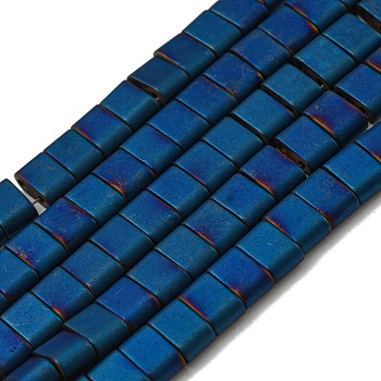 Electroplated Non-magnetic Synthetic Hematite Beads Strands, Rectangle, Matte Style, 2-Hole, Blue, 6x4x3mm, Hole: 1.2mm, about 99pcs/strand, 15.55 inch(39.5cm)
