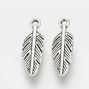 Tibetan Style Alloy Pendants, Feather, Cadmium Free & Lead Free, Antique Silver, 15x5x1.5mm, Hole: 1mm