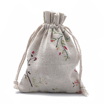 Polycotton(Polyester Cotton) Packing Pouches Drawstring Bags, with Printed Leafy Branches, Old Lace, 14x10cm