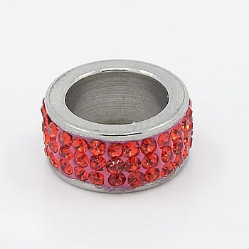 304 Stainless Steel Column Beads, with Polymer Clay Rhinestone, Stainless Steel Metal Color, Hyacinth, 13x6mm, Hole: 8mm