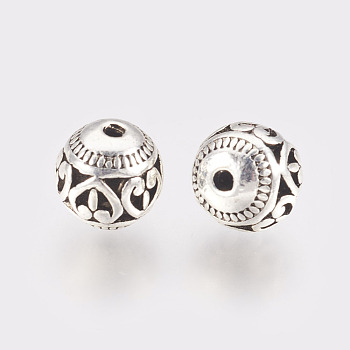 Tibetan Style Alloy Beads, Hollow Round with Heart, Antique Silver, 11x10mm, Hole: 1.5mm