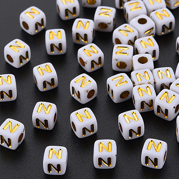Opaque White Acrylic Beads, Metal Enlaced, Cube with Letters, Letter.N, 4.5mm, Hole: 2mm, about 500pcs/50g