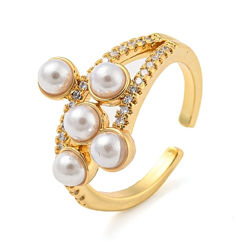 Brass Micro Pave Cubic Zirconia Open Finger Ring, with Plastic Imitation Pearl, Cadmium Free & Lead Free, Long-Lasting Plated, Real 18K Gold Plated, US Size 6 3/4(17.1mm)